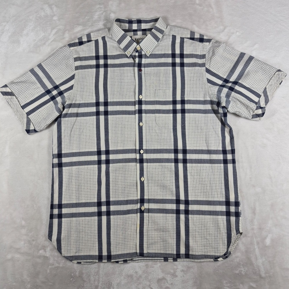 Kardo Button Down Shirt Men's XL White Blue Plaid Short Sleeve Casual Comfort